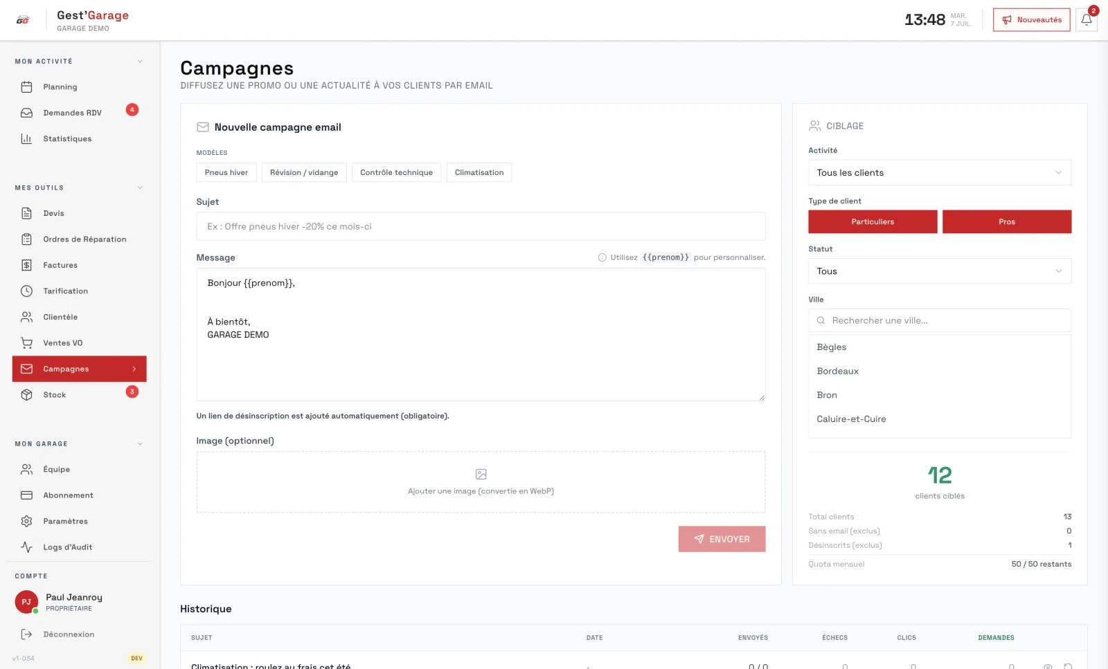 Campagne email de relance envoyée à la clientèle du garage