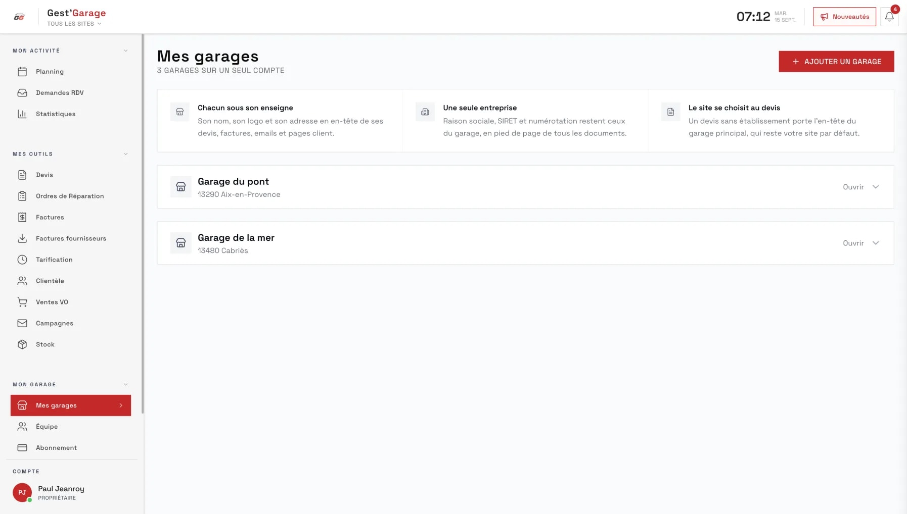 Liste des centres d'une entreprise dans Gest'Garage
